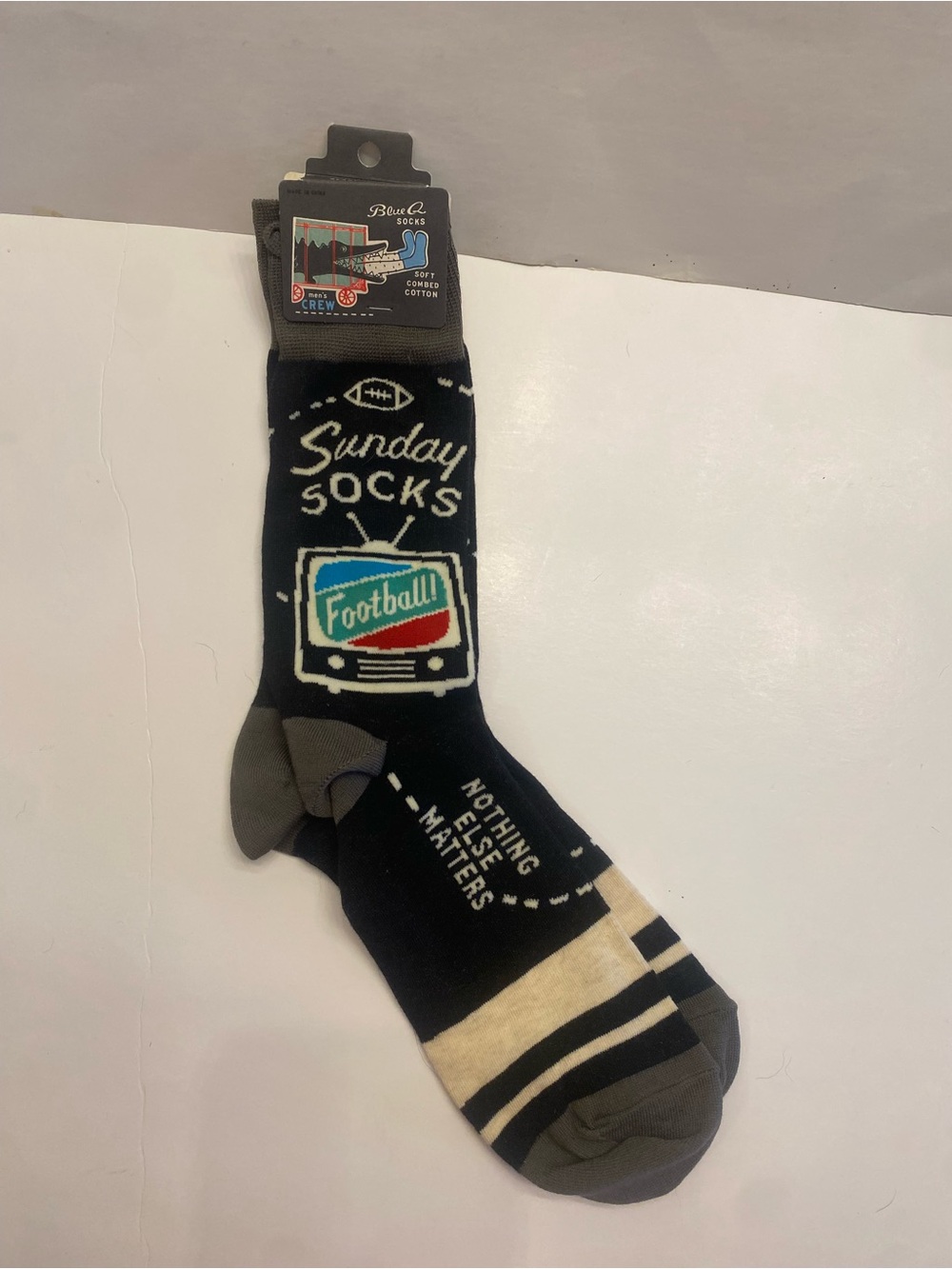 Blue Q Black Crew Socks with Gray Accents and Football TV Design Size 7-12